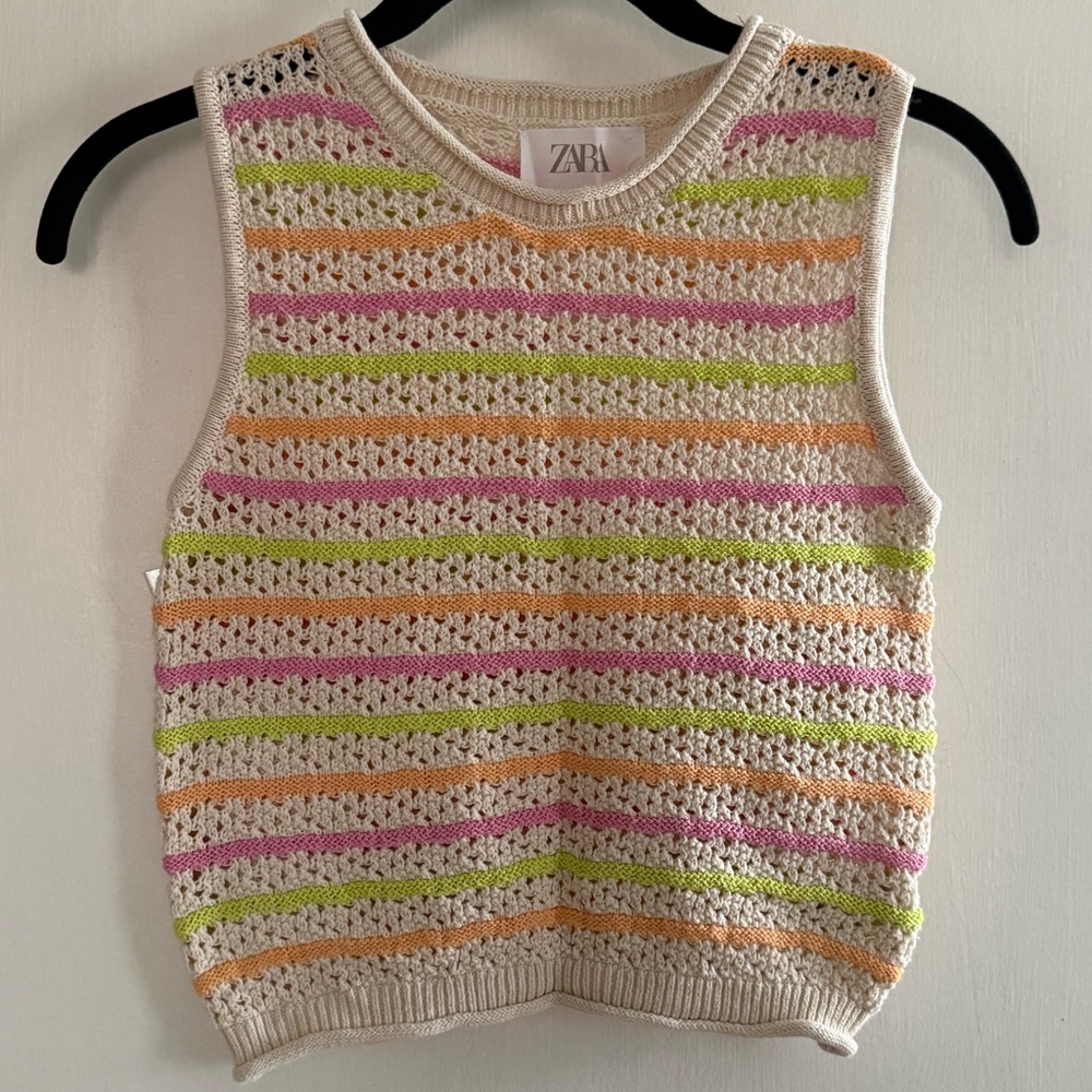 Zara Cream Crochet Sweater Knit Top with Pink and Green Accents Girls Size 11-12